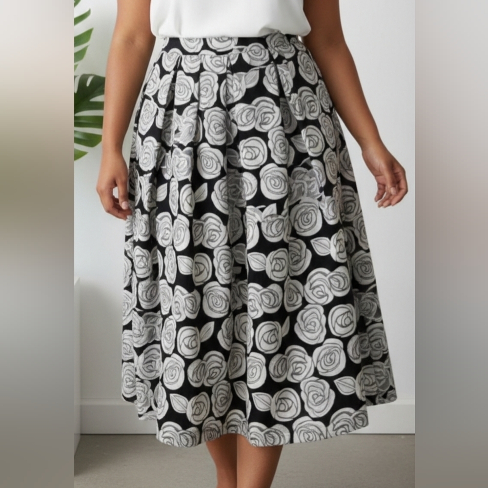 Who What Wear Black Gray Floral A-Line Pleated Midi Skirt Pockets Sz 2 Nwot